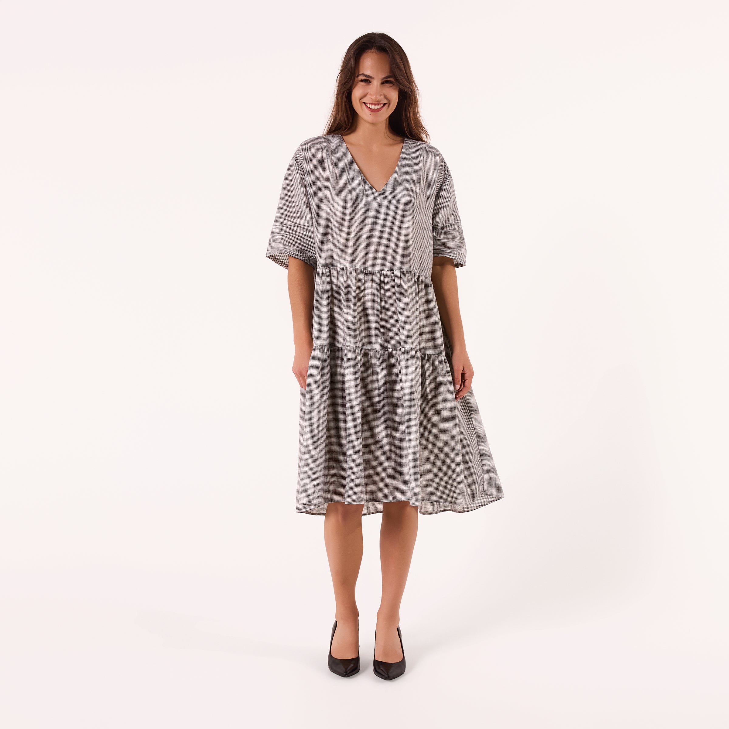 AM01128-2 V NECK GINGHAM 100%LINEN DRESS
