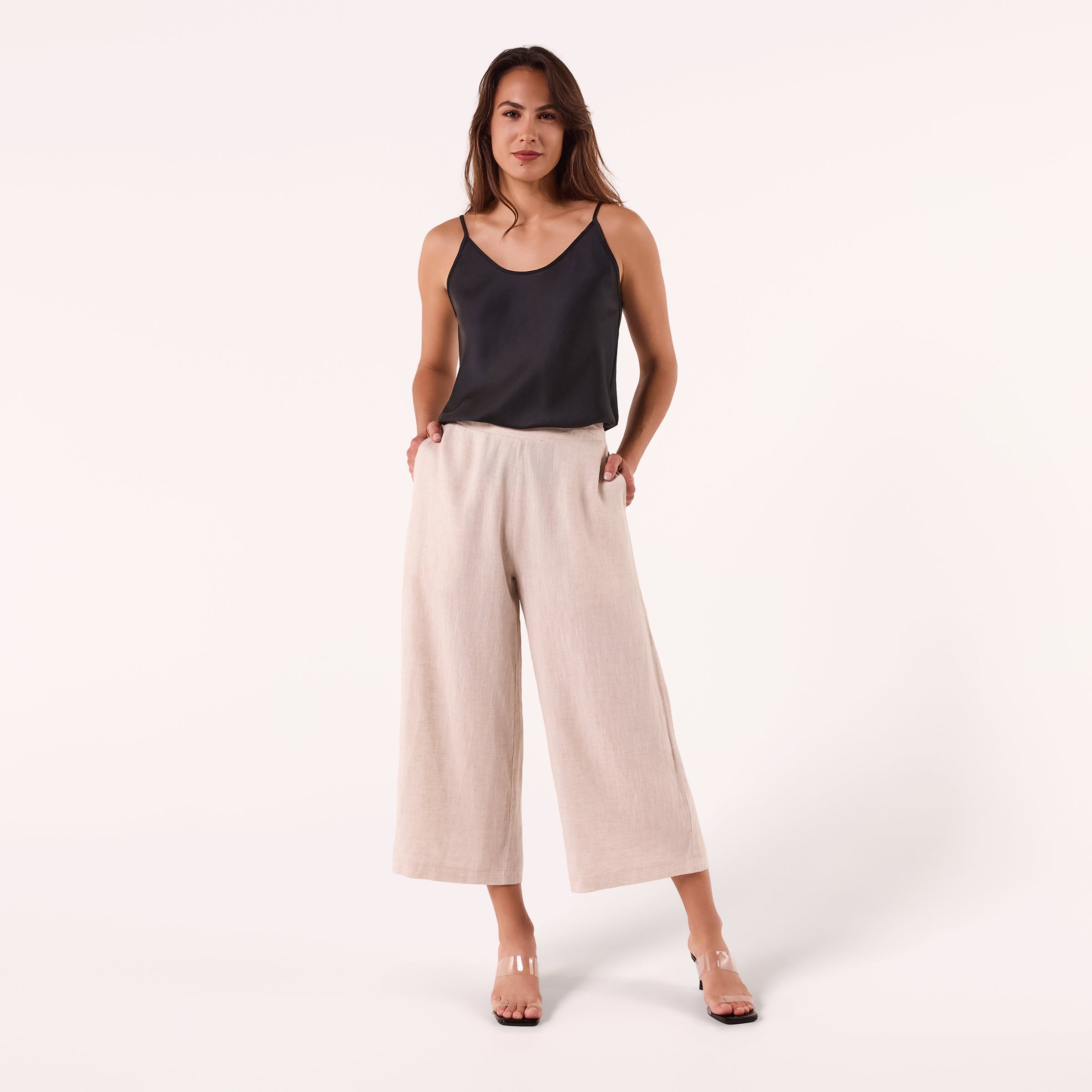 AM02377 100%LINEN CROPPED PANTS
