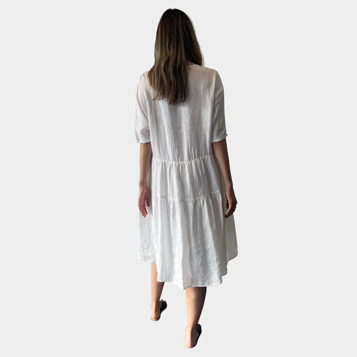AM01128 SIDE POCKETS V NECK 100%LINEN DRESS