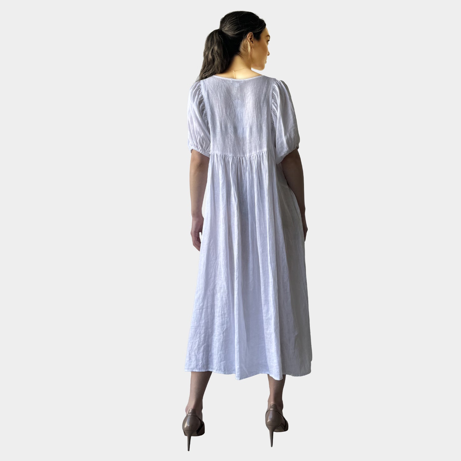 AM0221 SIDE POCKET V NECK 100%LINEN DRESS