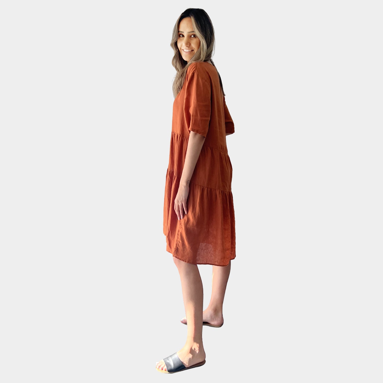 AM01128 SIDE POCKETS V NECK 100%LINEN DRESS