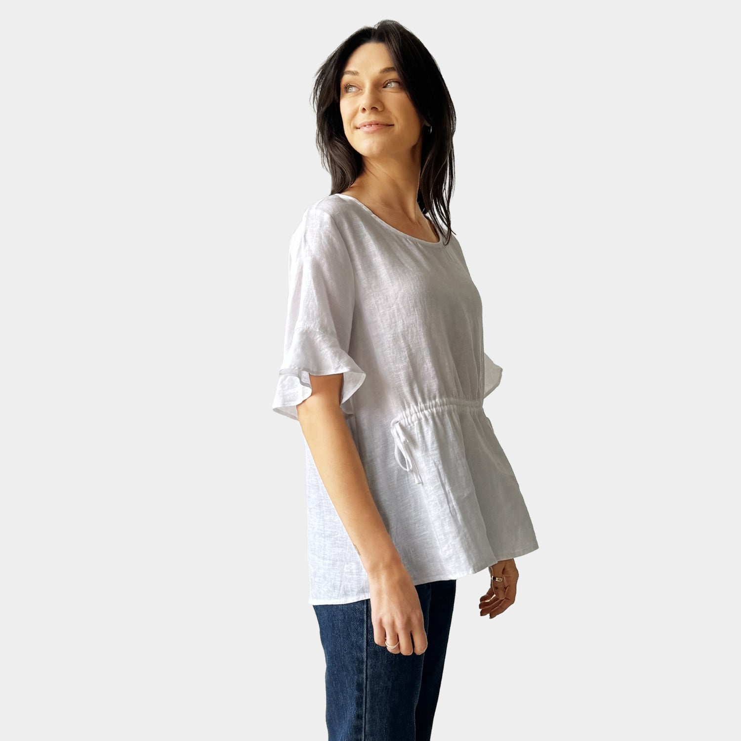 AM023012 FLEXIBLE WAIST 100%LINEN TOP