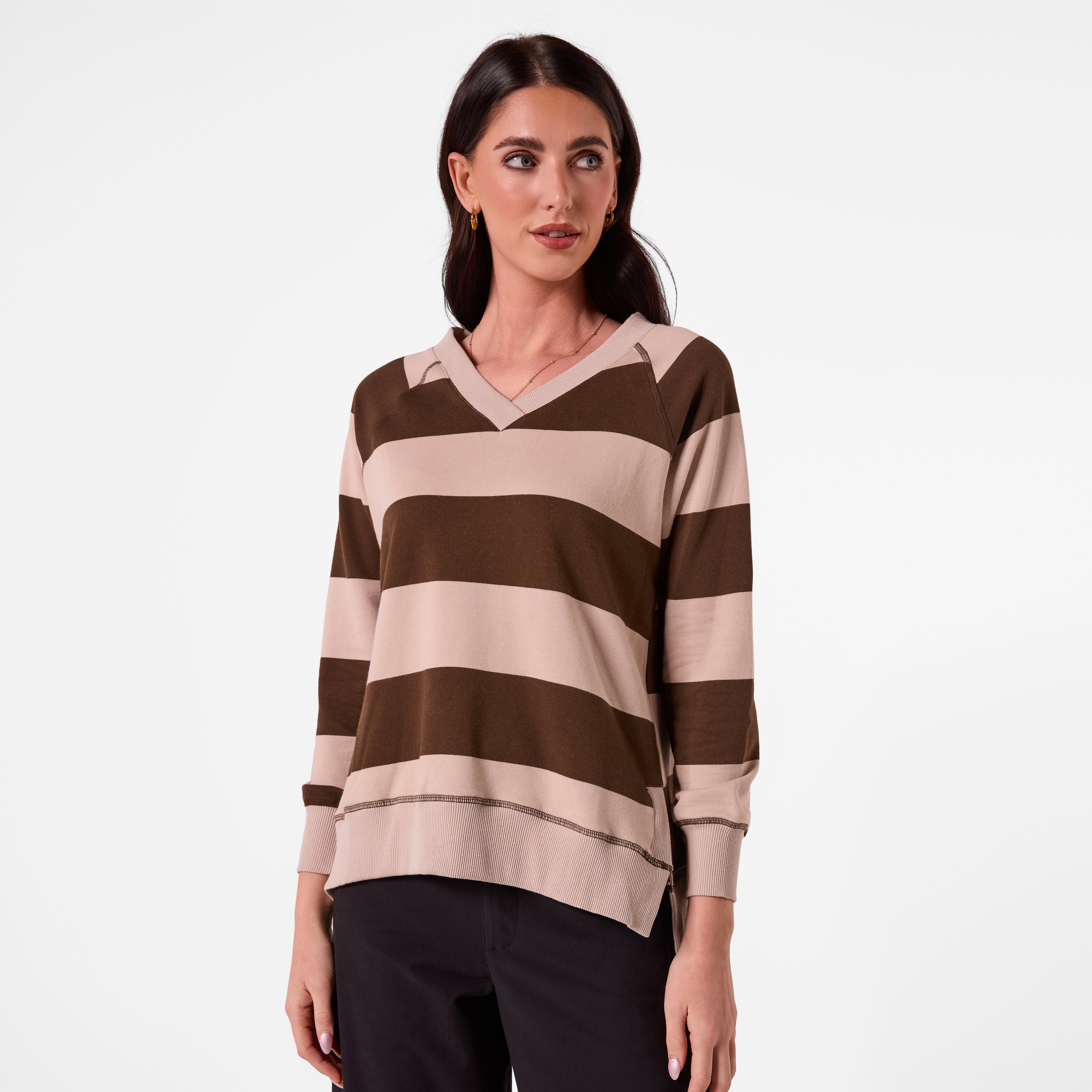 AM26018 V NECK STRIPE SWEATSHIRT (KHAKI CHOC STRIPE) -PRE-ORDER