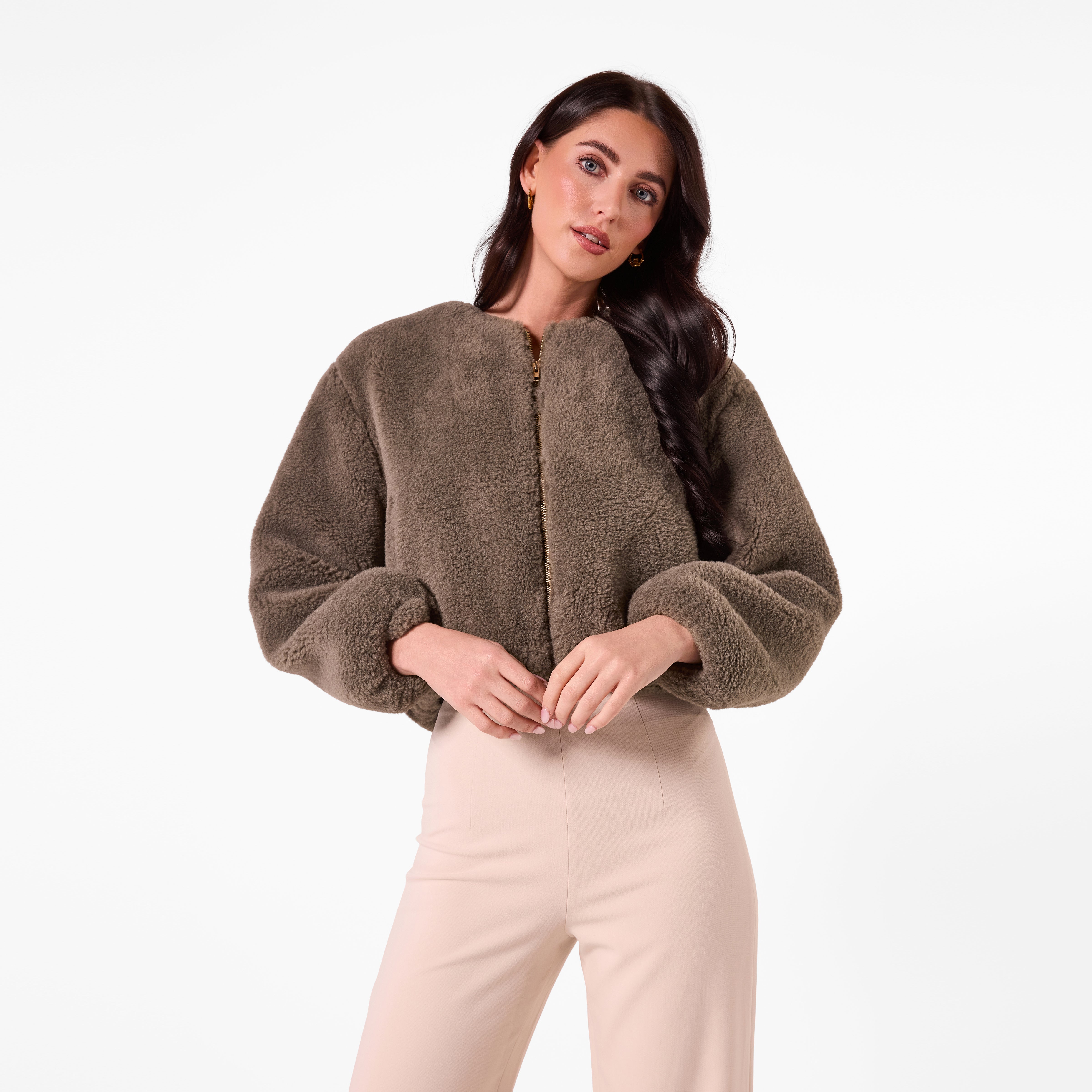 AM26022 TEDDY CROP JACKET (KHAKI)
