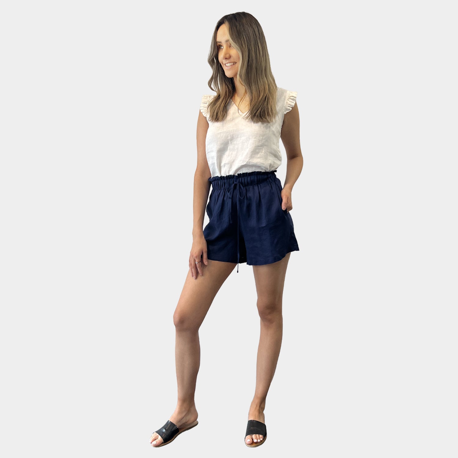 AM01170 SIDE POCKET 100%LINEN SHORTS