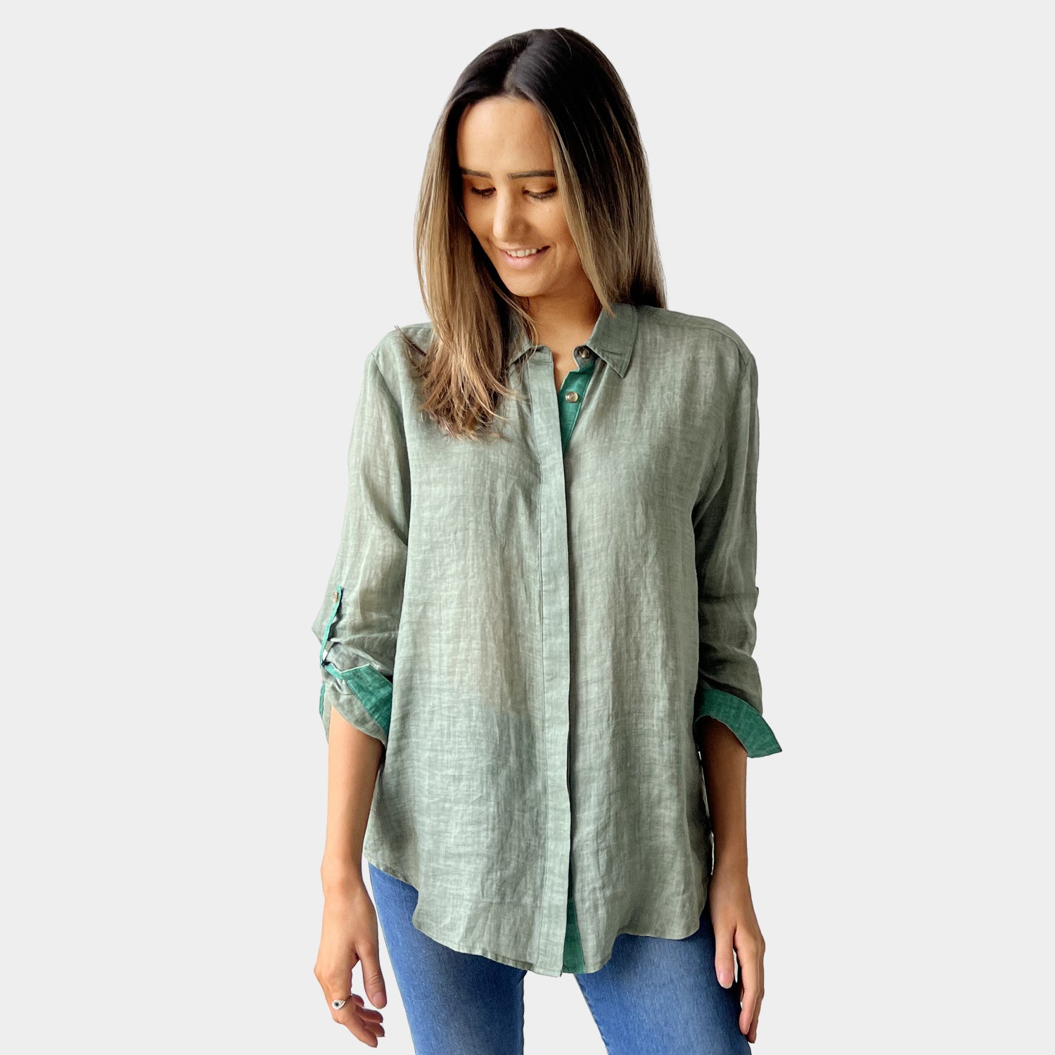 AM02468-1 COLOR TRIM 100%LINEN SHIRT
