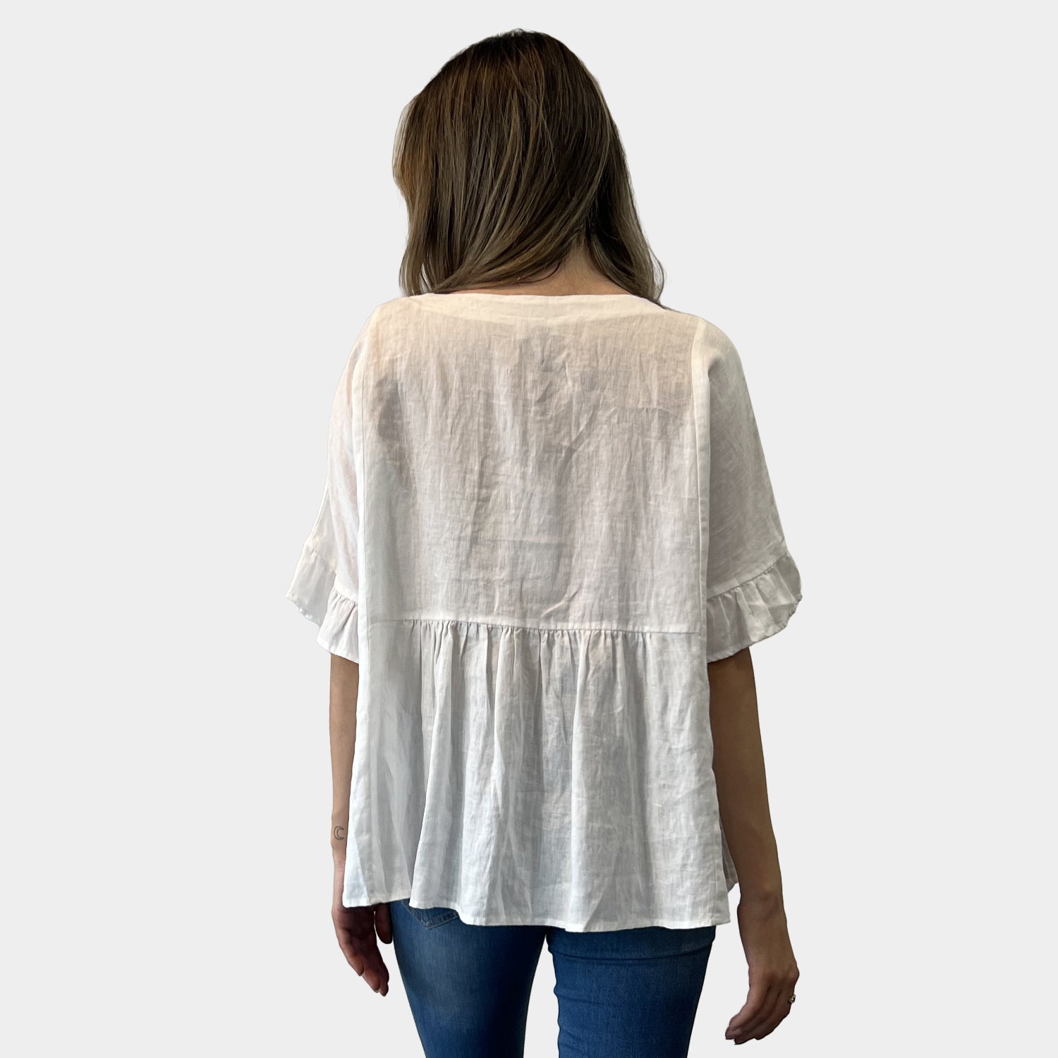 AM01191 V NECK SIDE POCKET 100%LINEN TOP