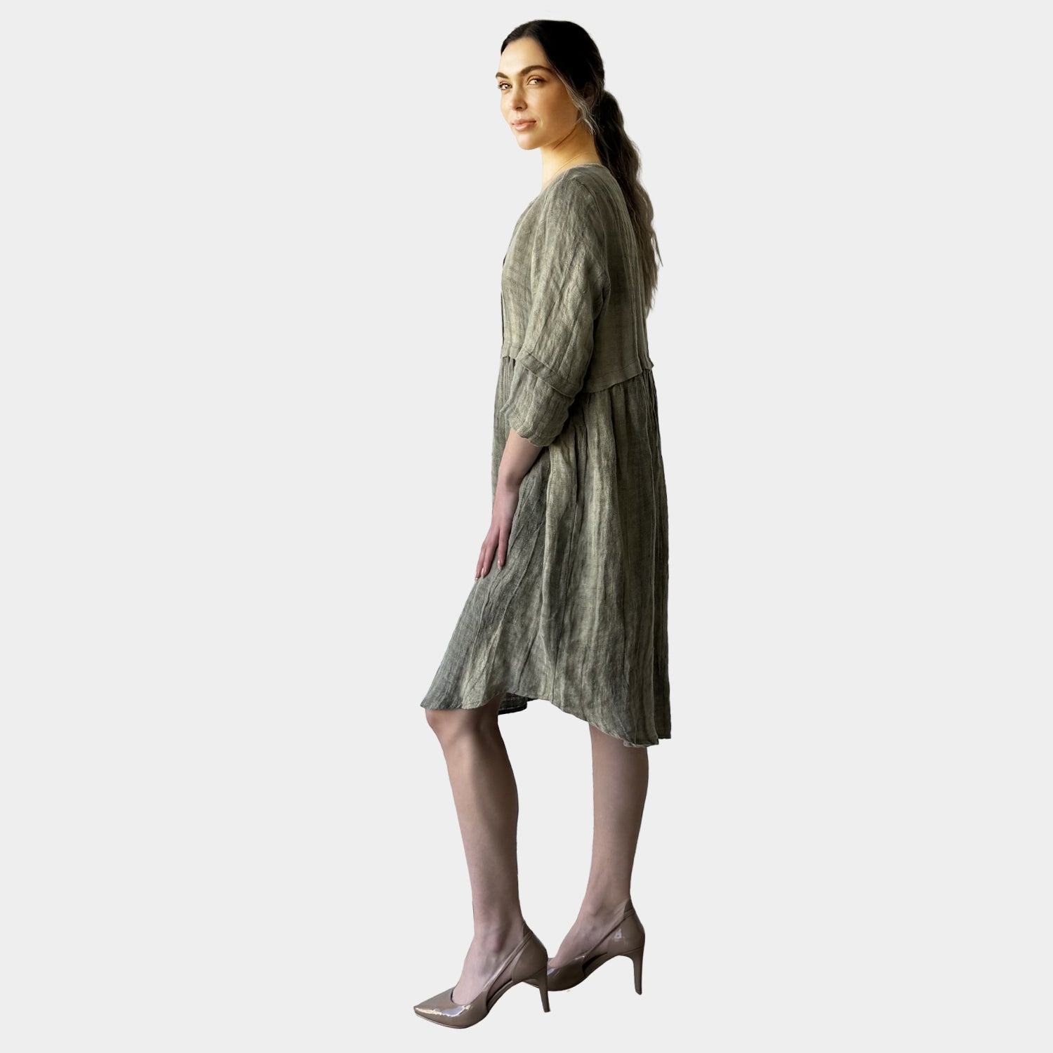 AM023048 HIGH QUALITY 100%LINEN SIDE DRESS
