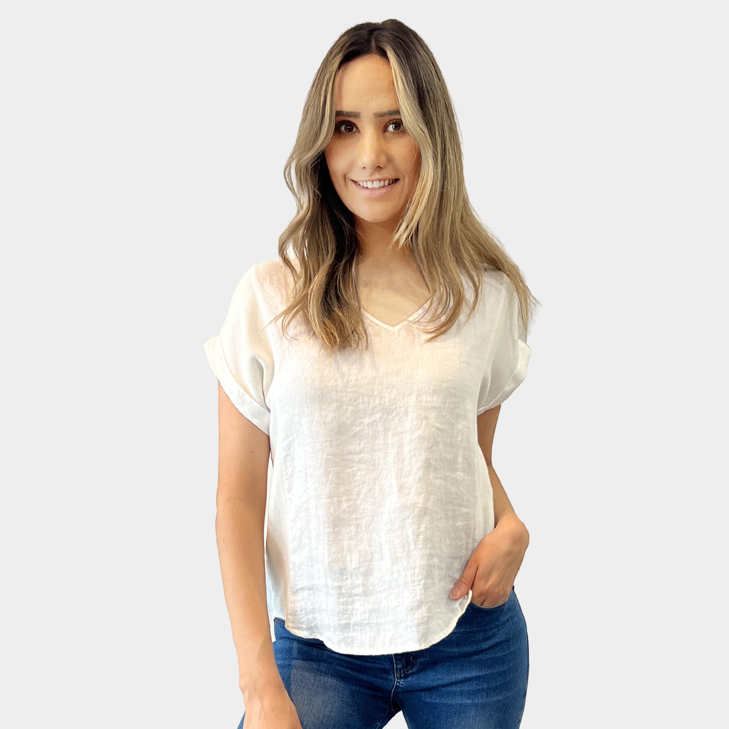 AM01265 V NECK MIX TRIM 100%LINEN TOP