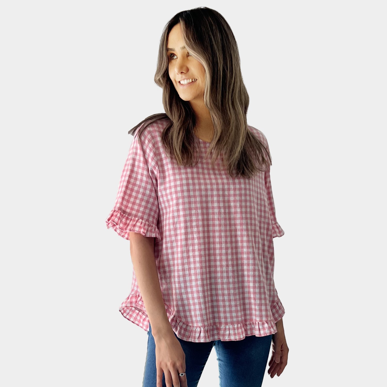 AM02497 GINGHAM LINEN COTTON TOP
