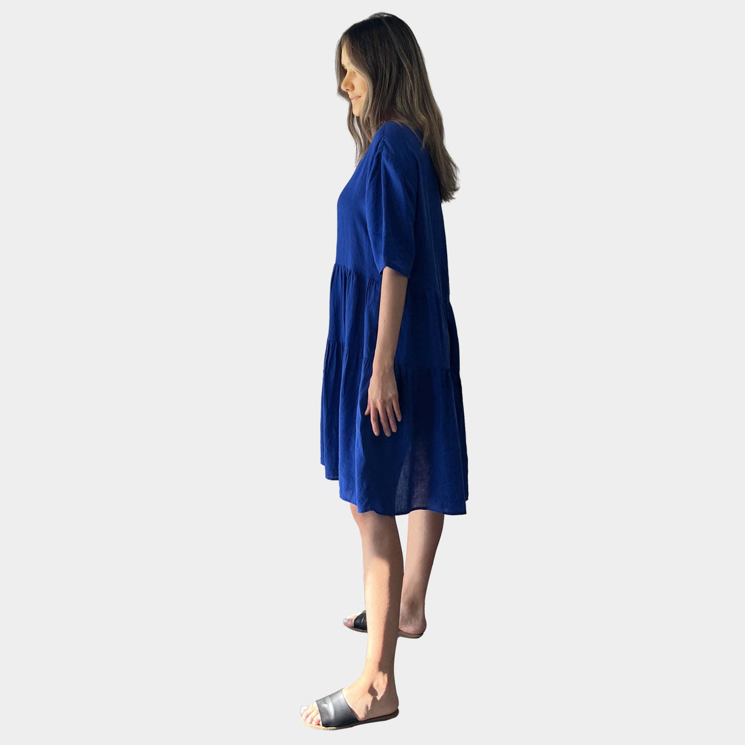 AM01128 SIDE POCKETS V NECK 100%LINEN DRESS