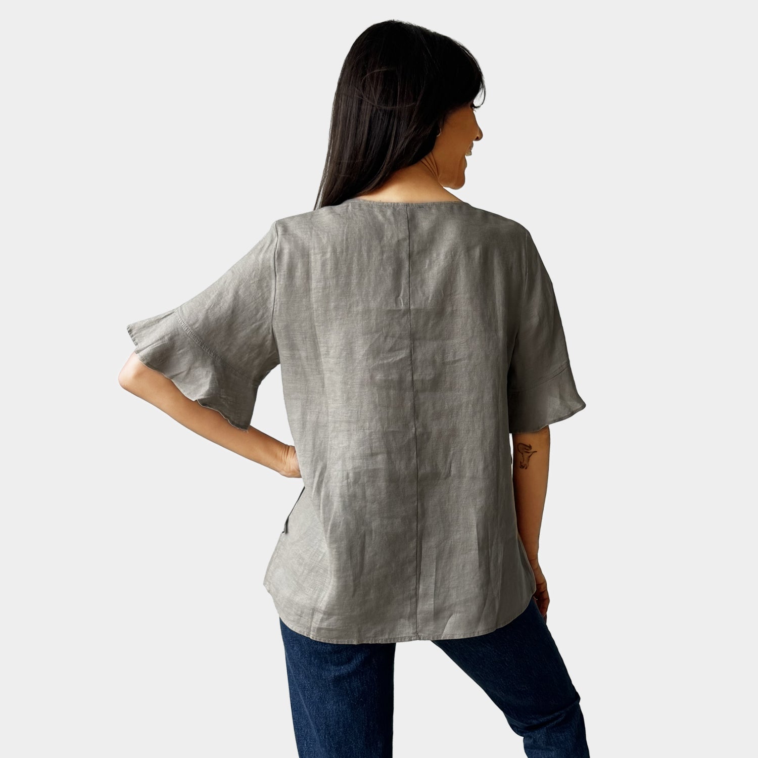 AM023012 FLEXIBLE WAIST 100%LINEN TOP