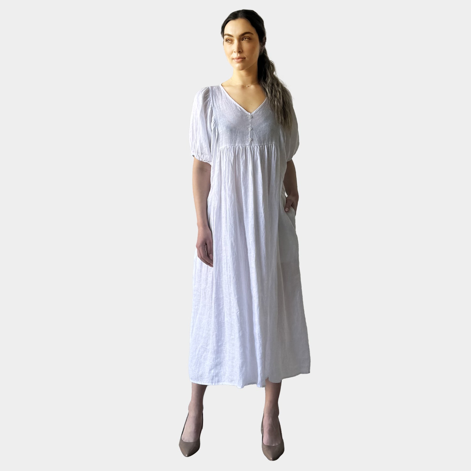 AM0221 SIDE POCKET V NECK 100%LINEN DRESS