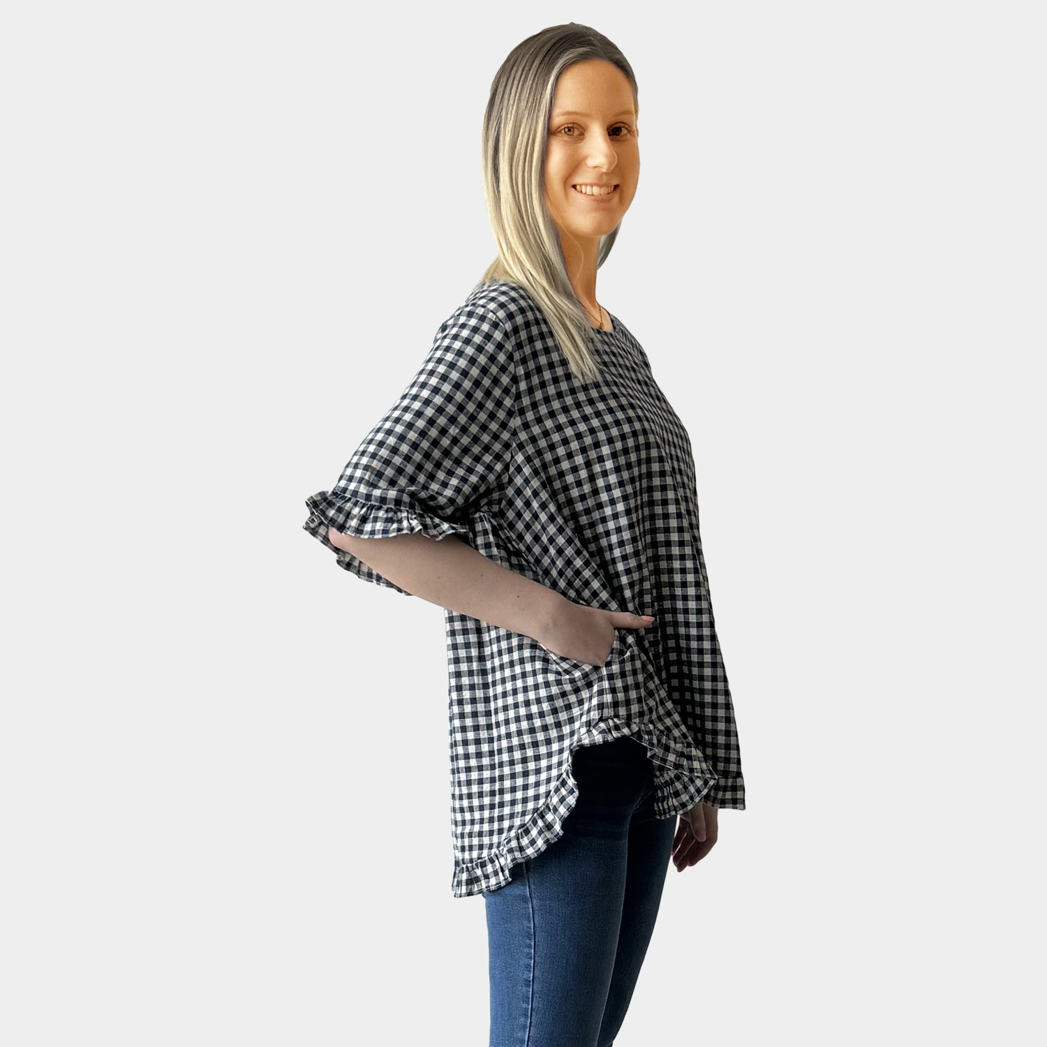 AM02497 TINY CHECK & SIDE POCKET TOP