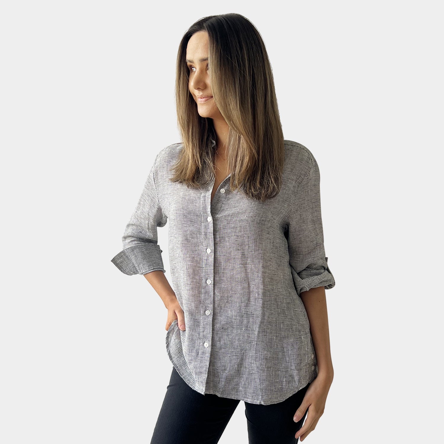 AM02452-1 GINGHAM 100%LINEN SHIRT