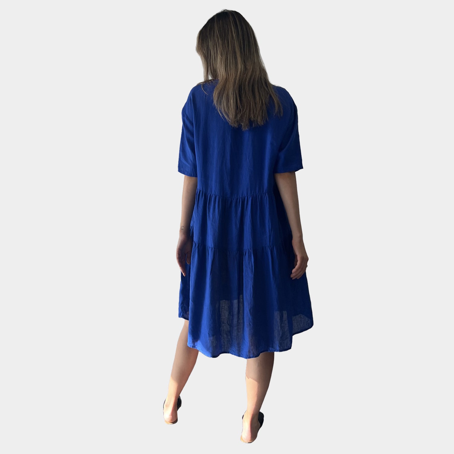 AM01128 SIDE POCKETS V NECK 100%LINEN DRESS
