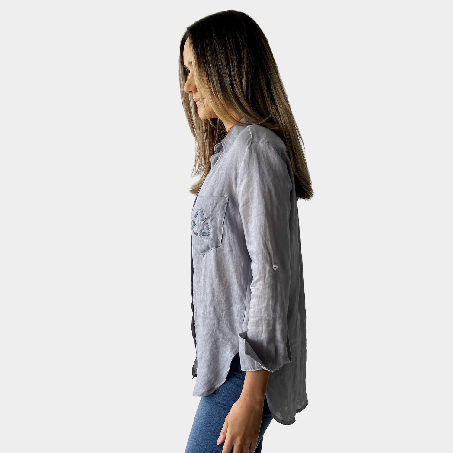 AM02506 EMBROIDERY POCKET 100%LINEN SHIRT