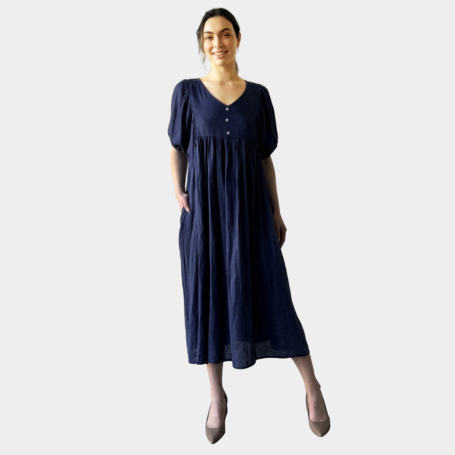 AM0221 SIDE POCKET V NECK 100%LINEN DRESS