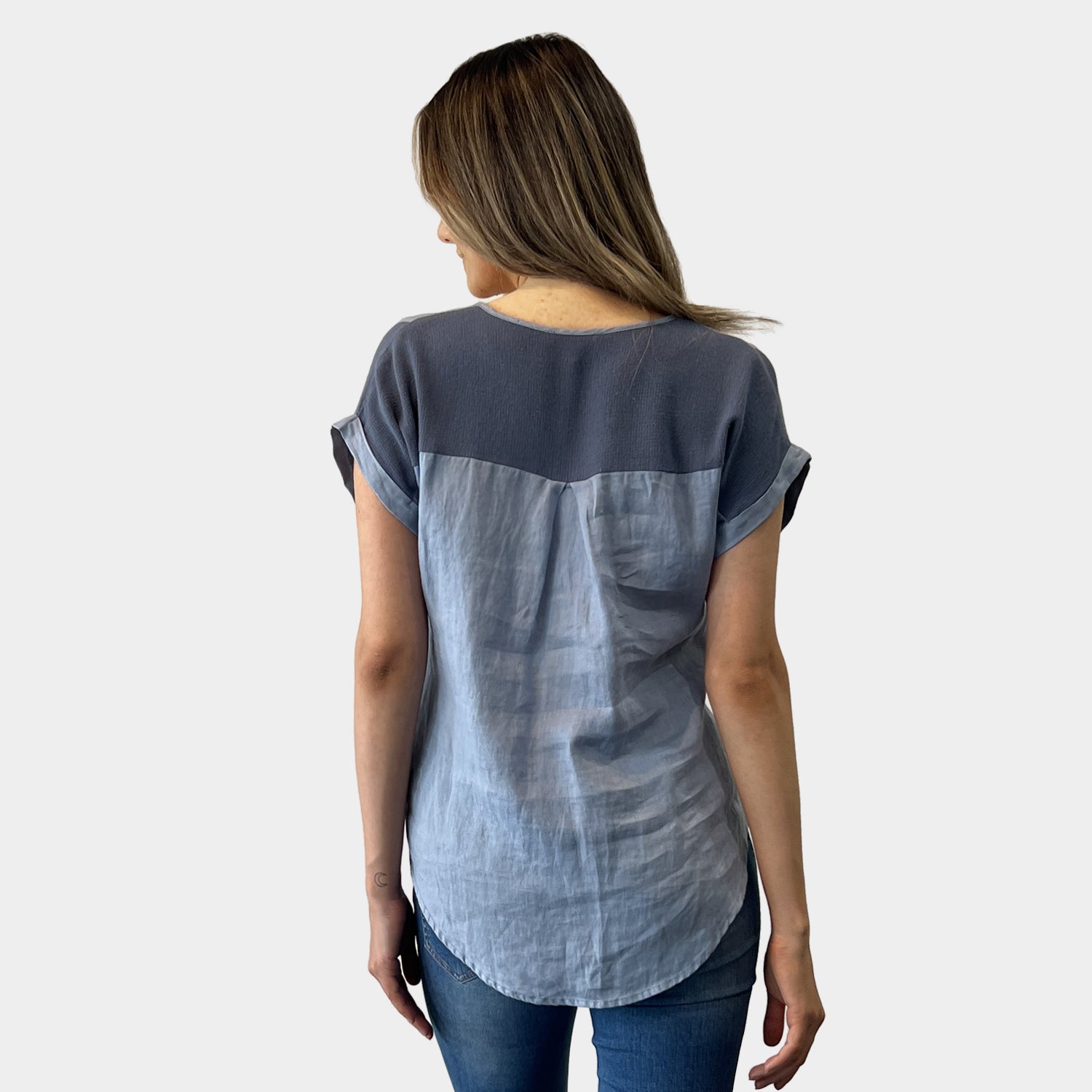 AM01265 V NECK MIX TRIM 100%LINEN TOP