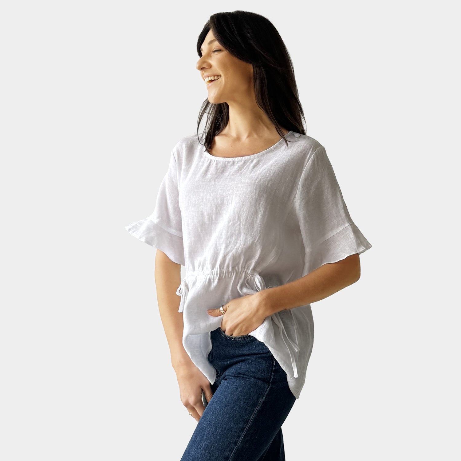 AM023012 FLEXIBLE WAIST 100%LINEN TOP