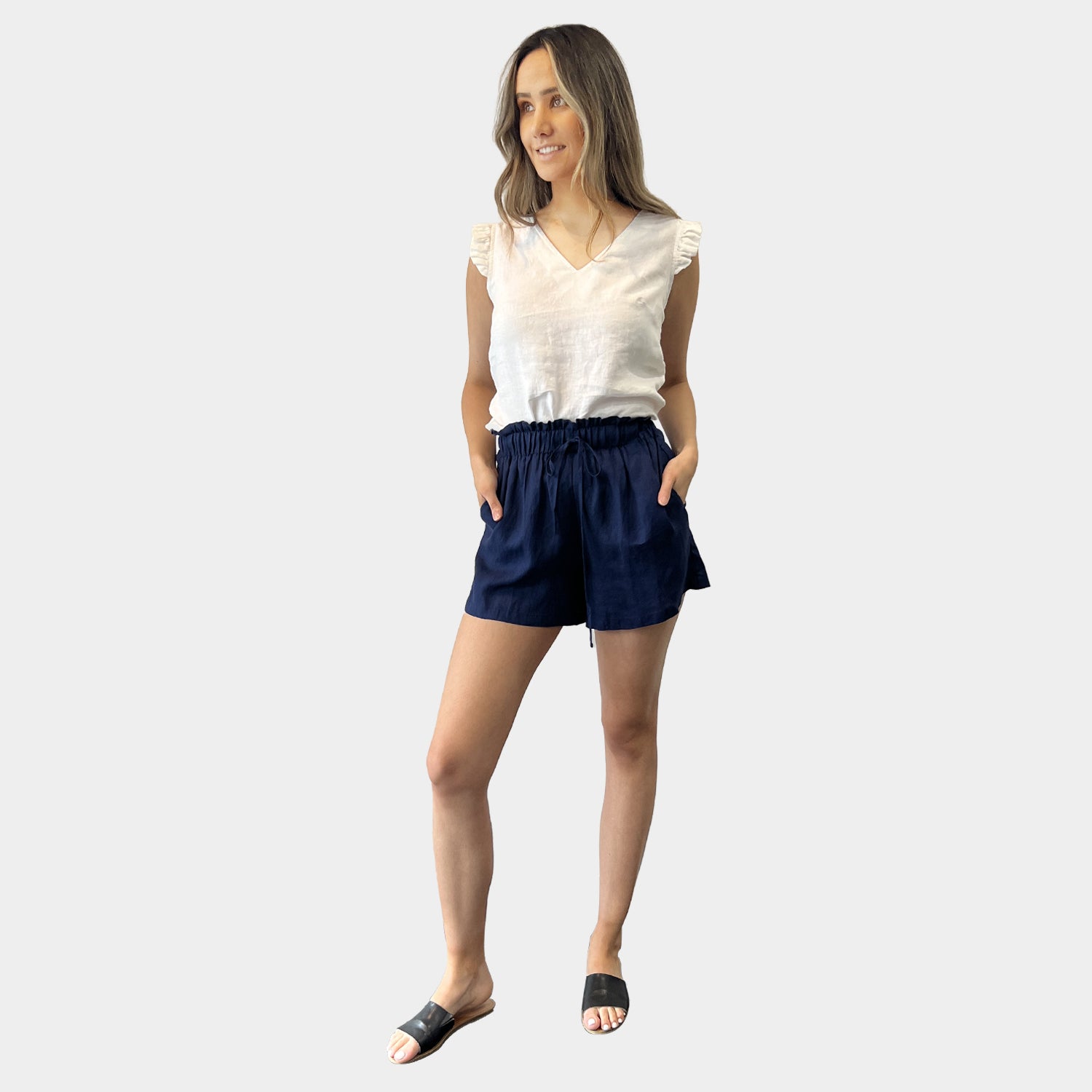AM01170 SIDE POCKET 100%LINEN SHORTS