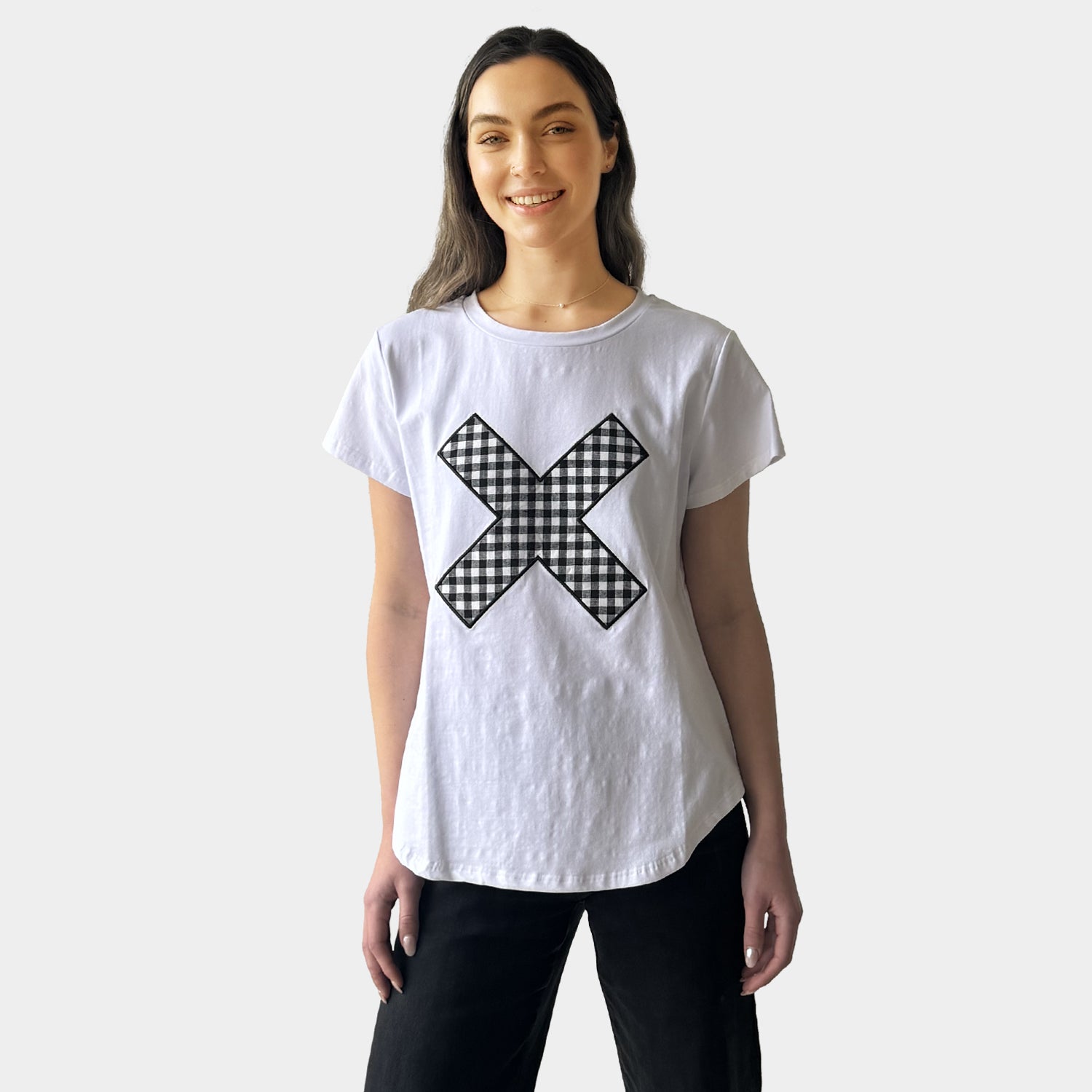 AM01267-3 EMBROIDERY GINGHAM CROSS TEE (SALE)
