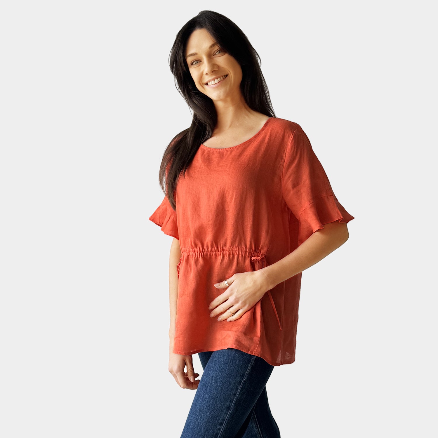 AM023012 FLEXIBLE WAIST 100%LINEN TOP