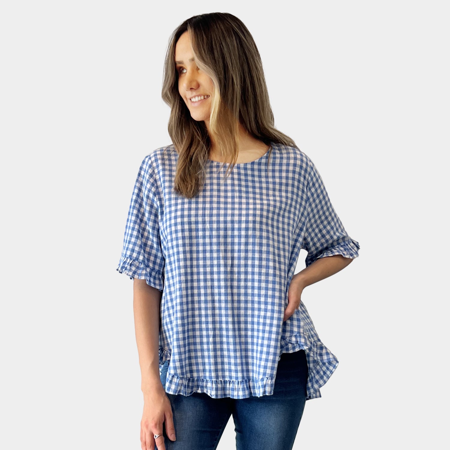 AM02497 GINGHAM LINEN COTTON TOP