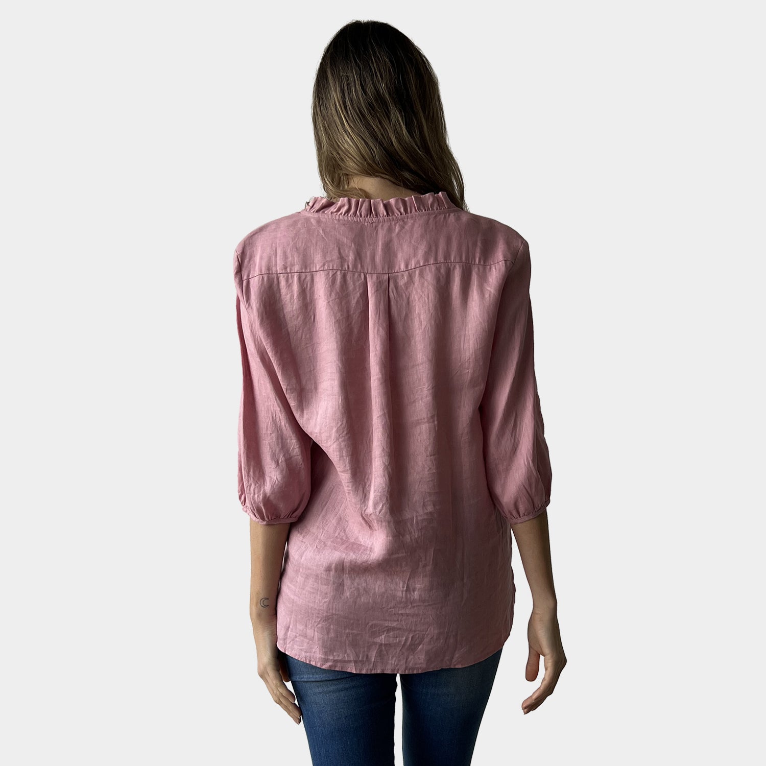 AM02479 100%LINEN V NECK TRIM TOP