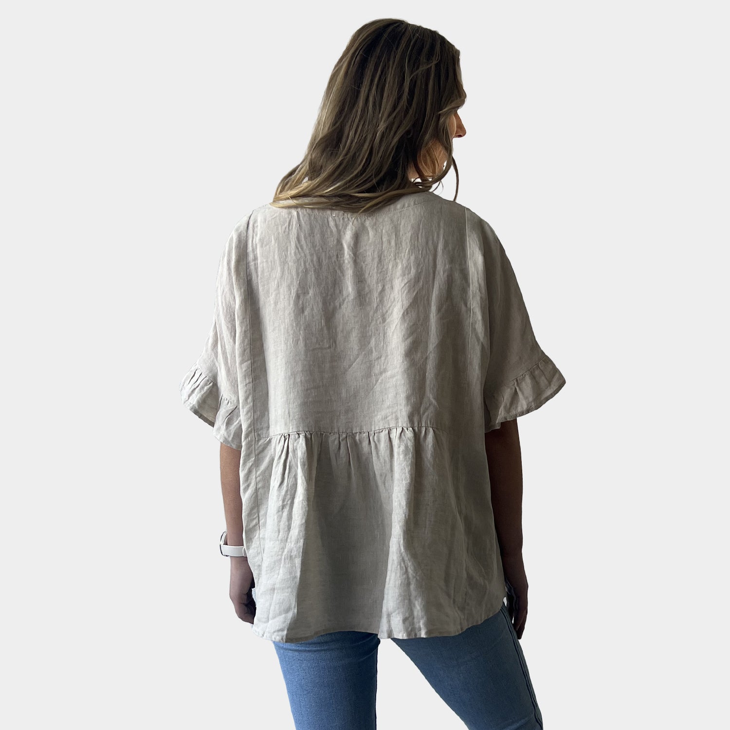 AM01191 V NECK SIDE POCKET 100%LINEN TOP