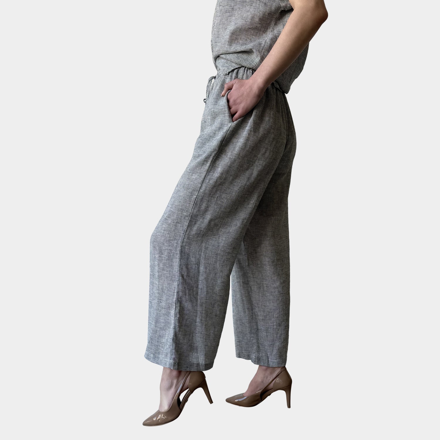 AM0223-1 SIDE POCKET GINGHAM 100%LINEN PANT