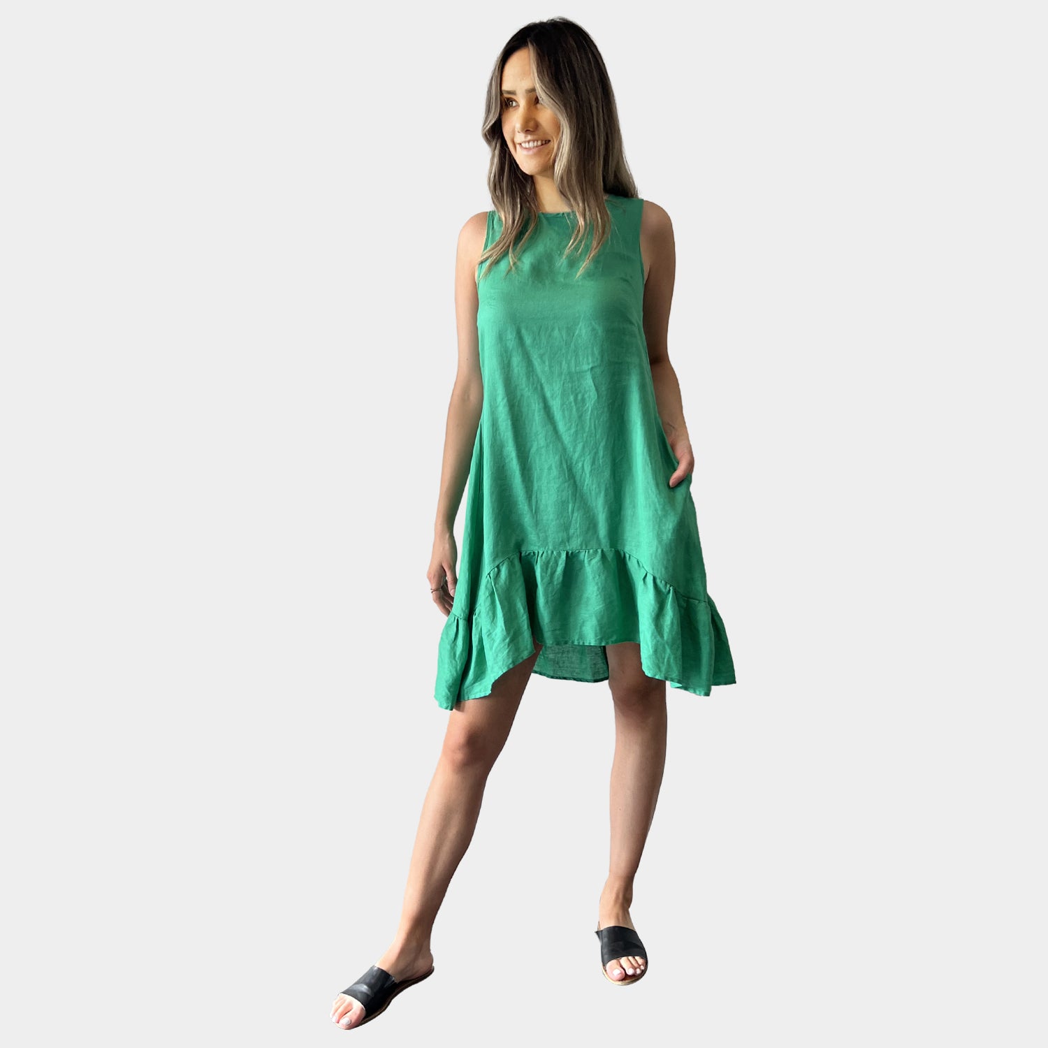 AM01131-1 SLEEVELESS SIDE POCKET 100%LINEN DRESS (SALE)