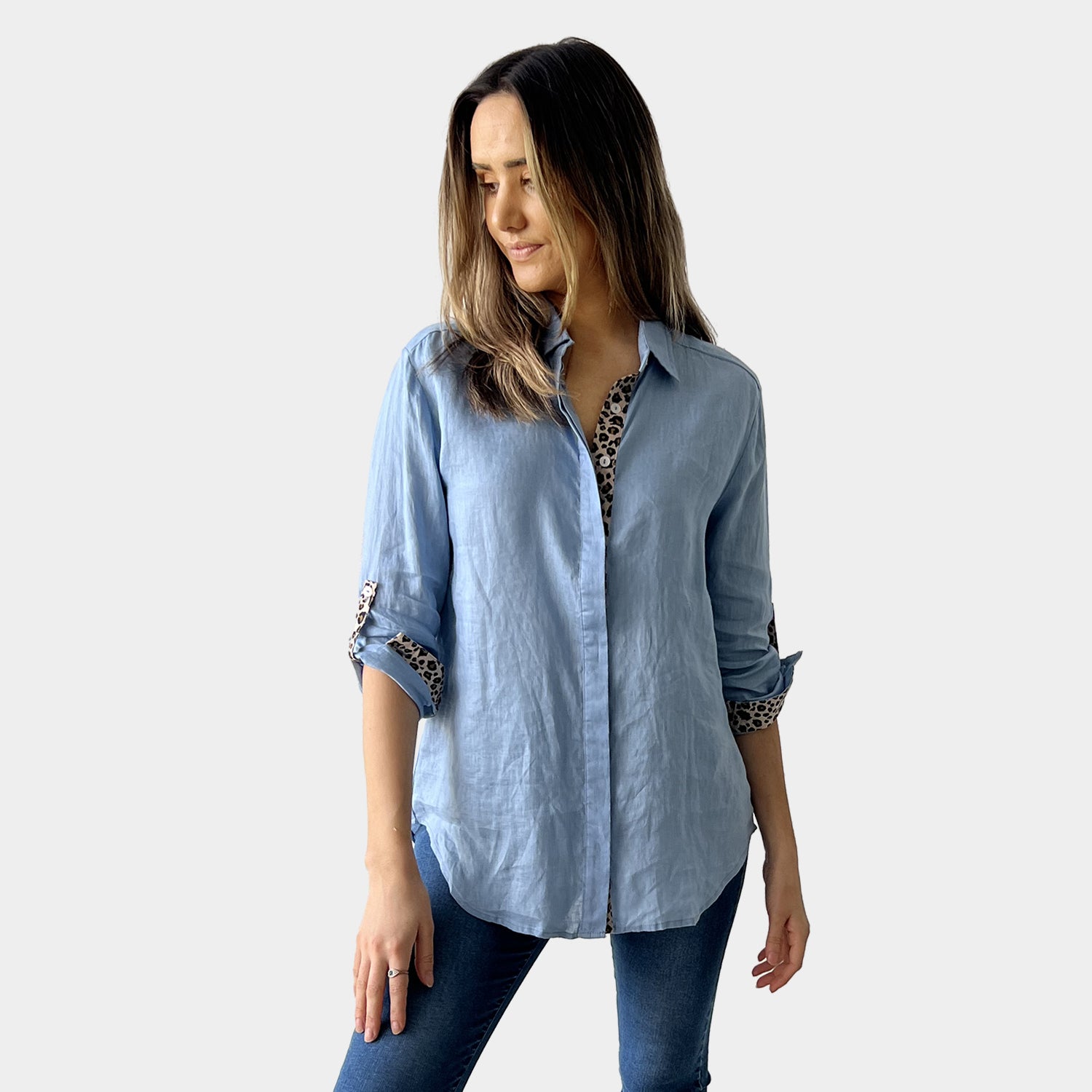 AM02468 LEOPARD TRIM 100%LINEN SHIRT