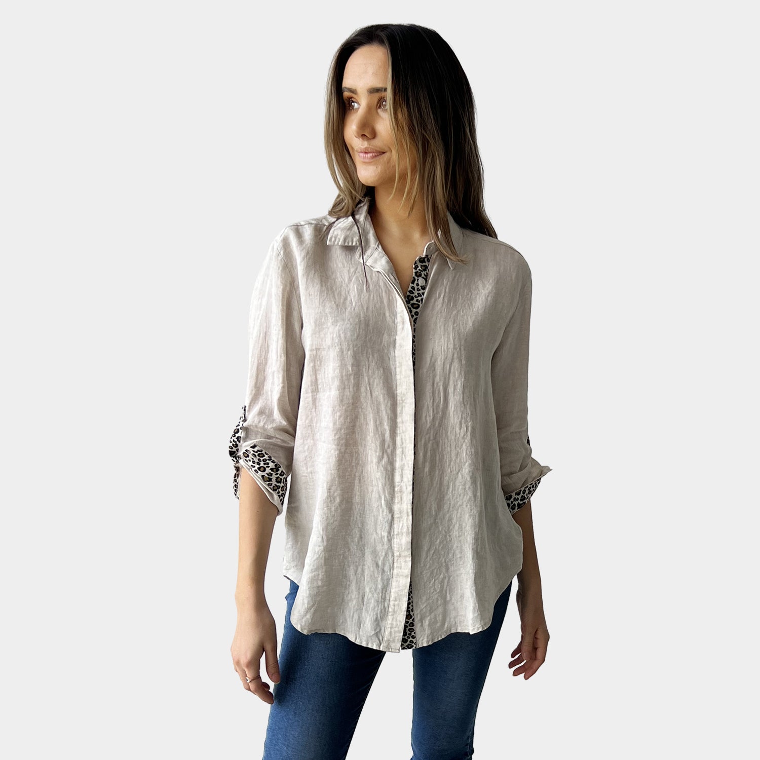 AM02468 LEOPARD TRIM 100%LINEN SHIRT