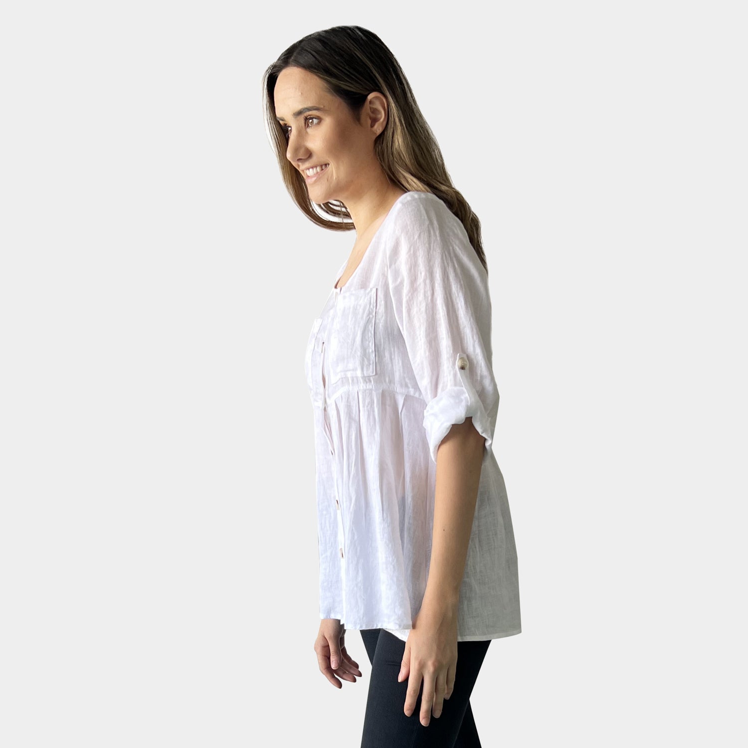 AM02391 ROLL SLEEVES 100%LINEN TOP