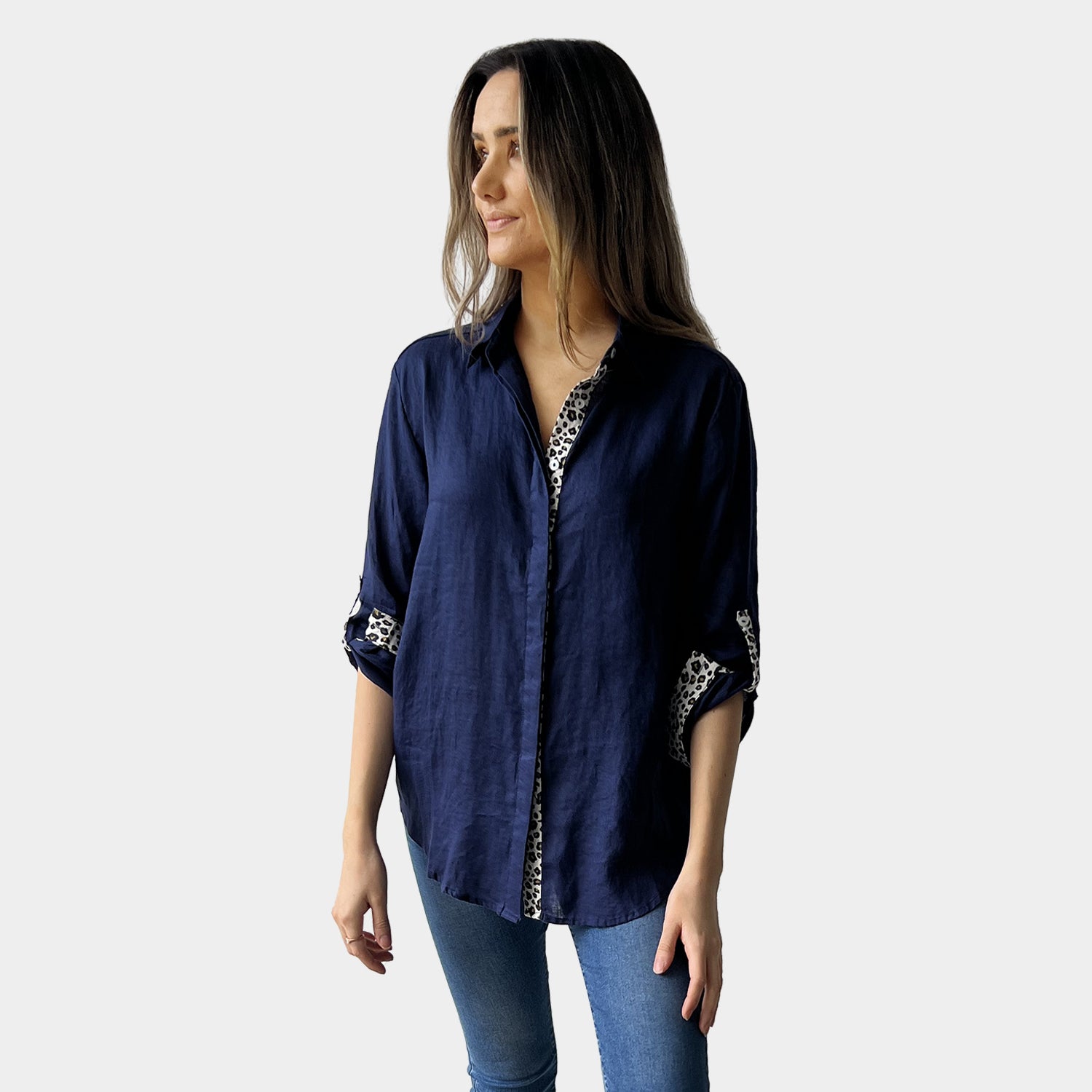 AM02468 LEOPARD TRIM 100%LINEN SHIRT