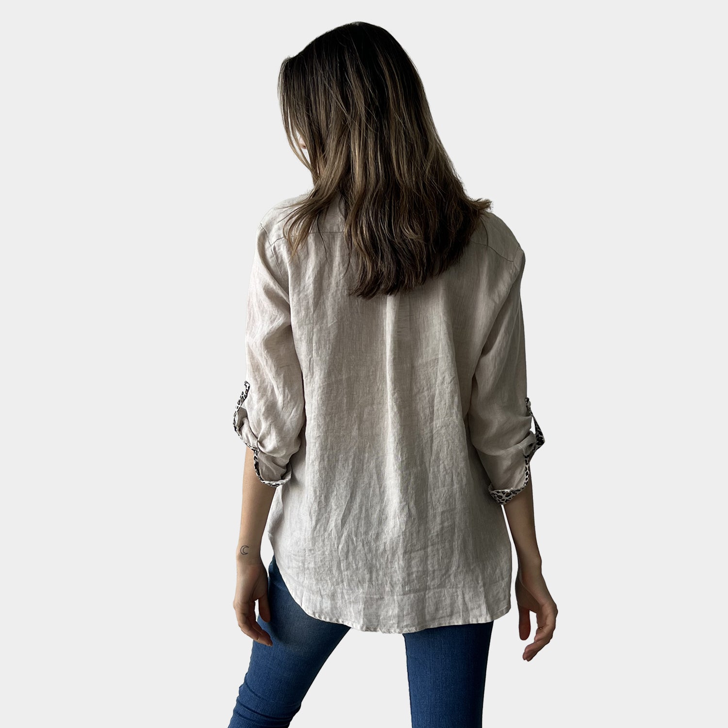 AM02468 LEOPARD TRIM 100%LINEN SHIRT