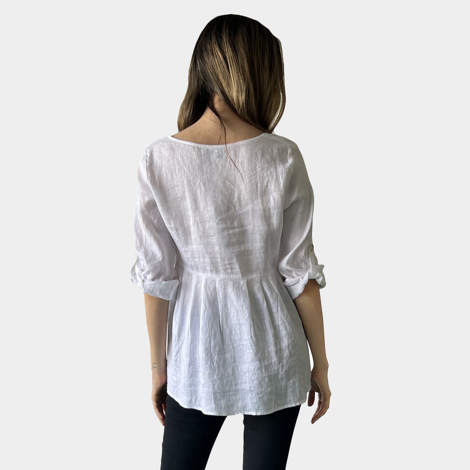 AM02391 ROLL SLEEVES 100%LINEN TOP