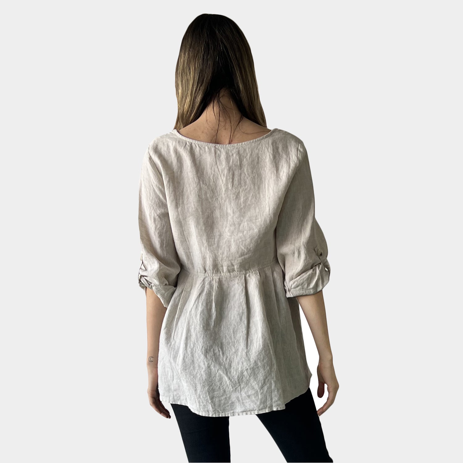 AM02391 ROLL SLEEVES 100%LINEN TOP