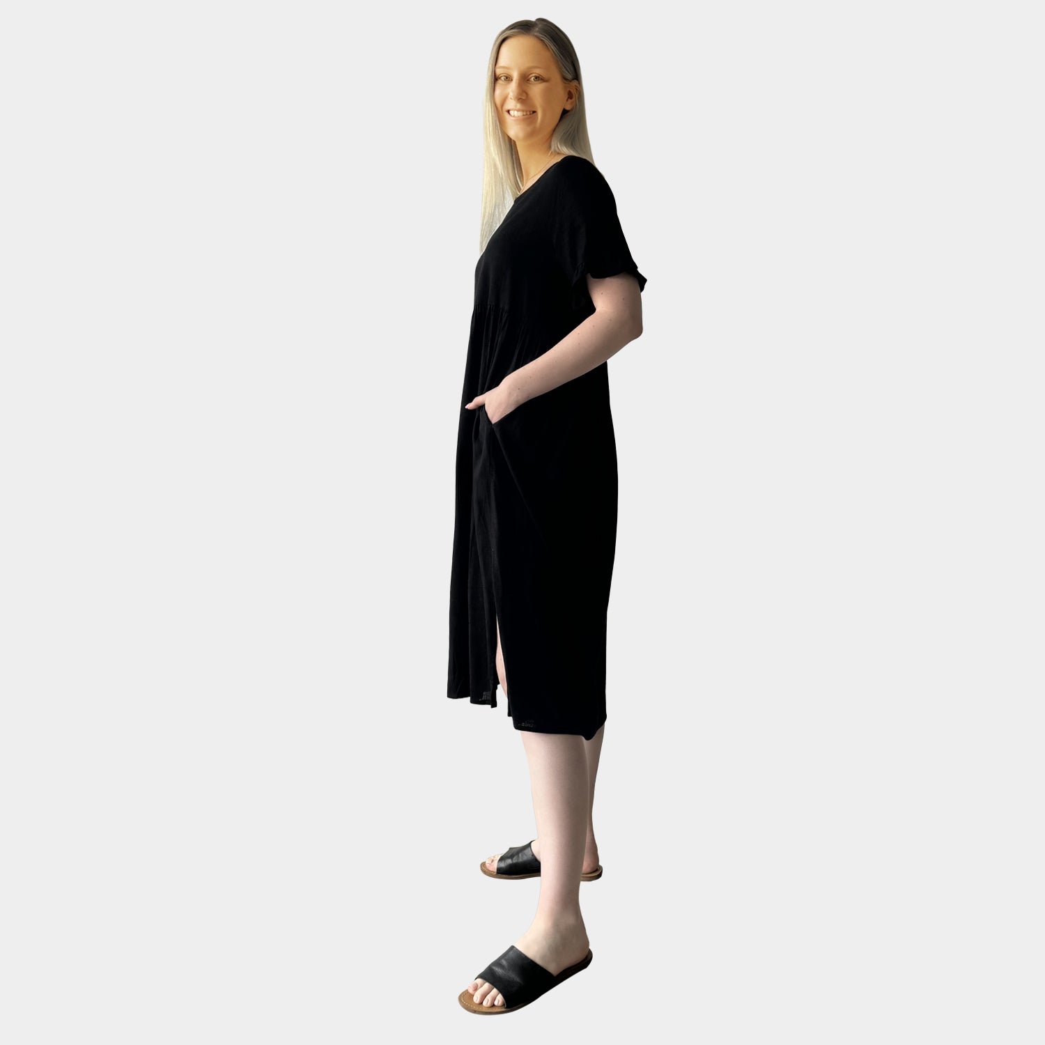 AM02374 LINEN COTTON SIDE POCKET DRESS