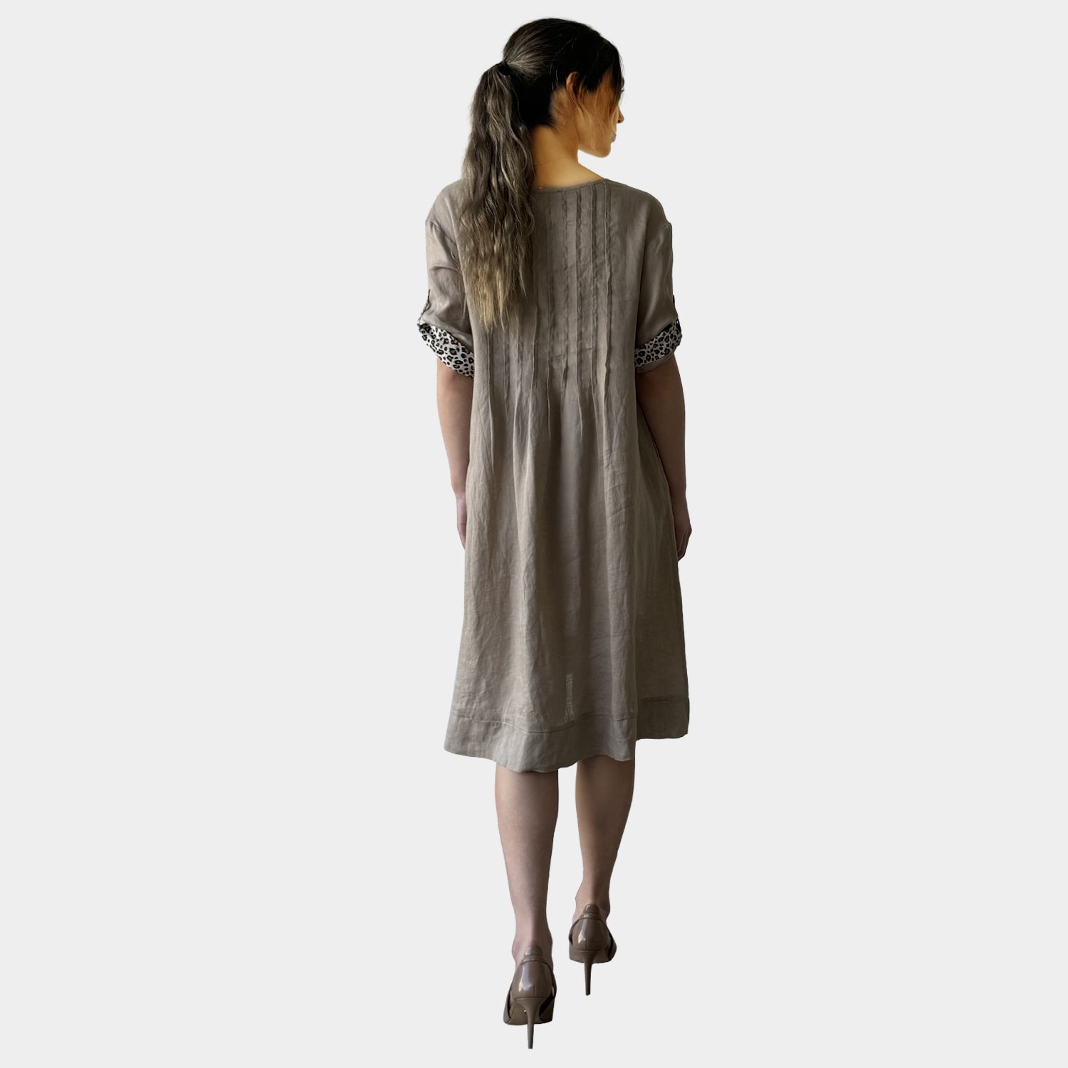 AM022166 SLEEVE LEOPARD TRIM 100%LINEN DRESS