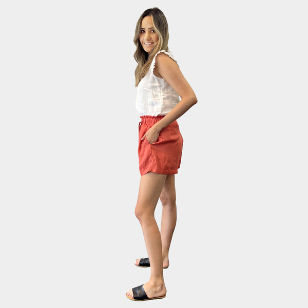 AM01170 SIDE POCKET 100%LINEN SHORTS