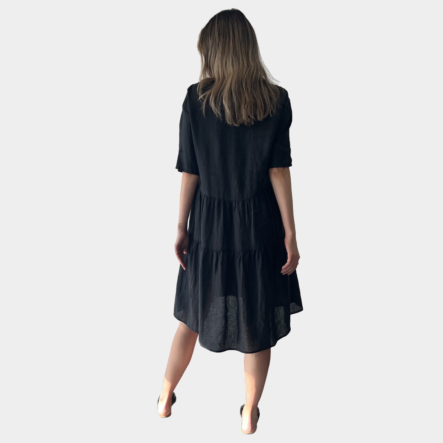 AM01128 SIDE POCKETS V NECK 100%LINEN DRESS