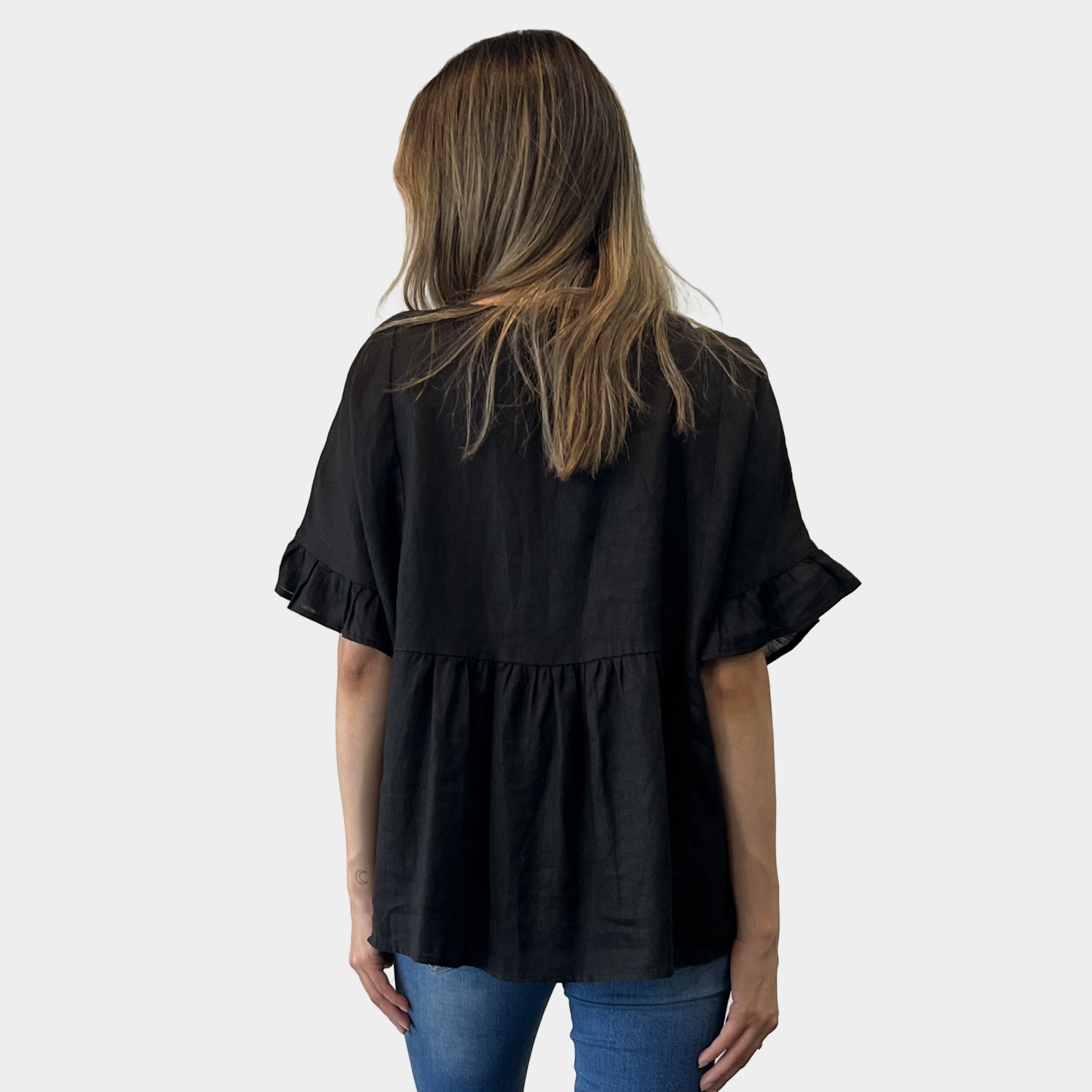 AM01191 V NECK SIDE POCKET 100%LINEN TOP