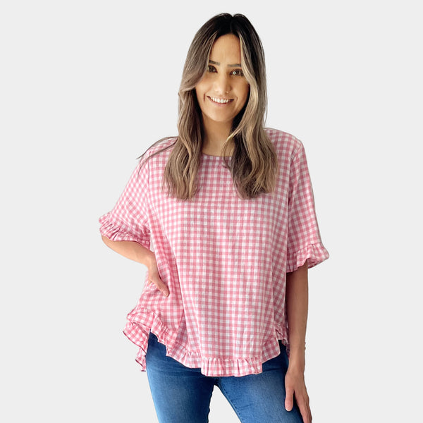 AM02497 GINGHAM LINEN COTTON TOP