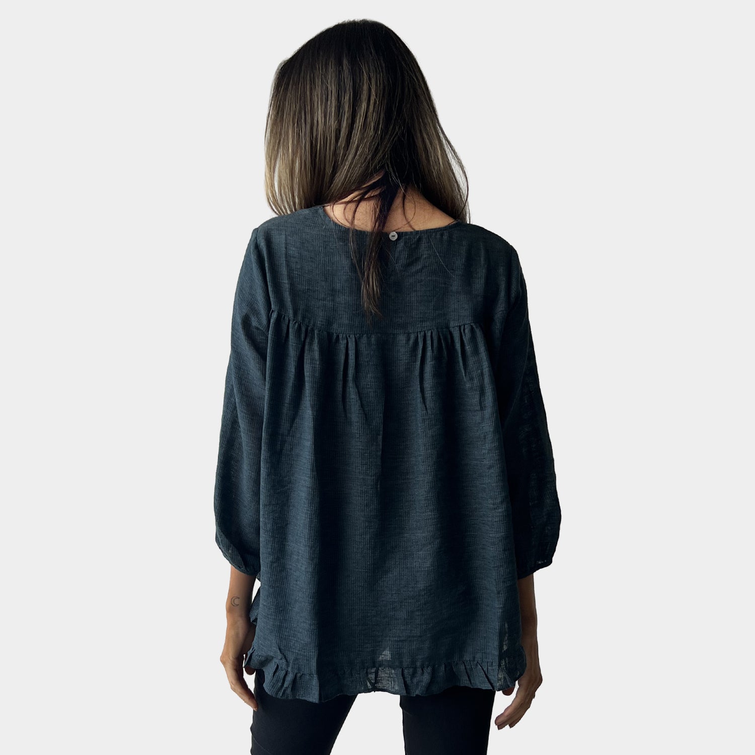 AM022156 SIDE POCKET GINGHAM 100%LINEN TOP