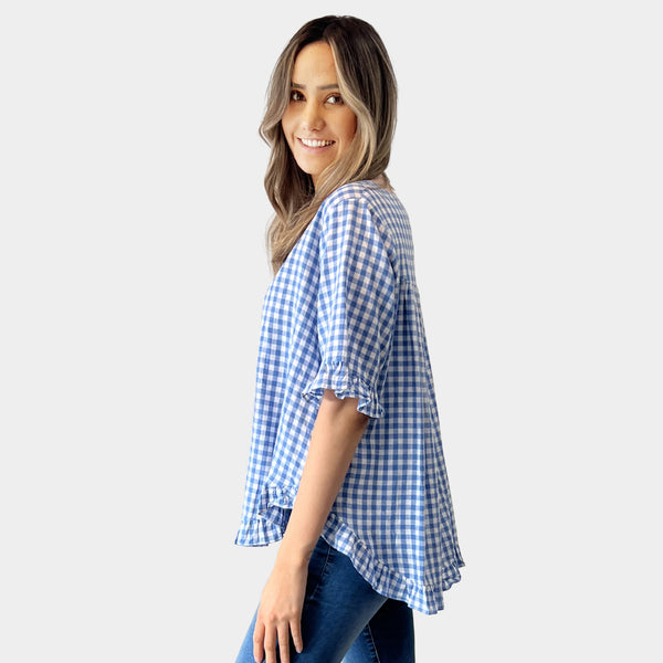 AM02497 GINGHAM LINEN COTTON TOP