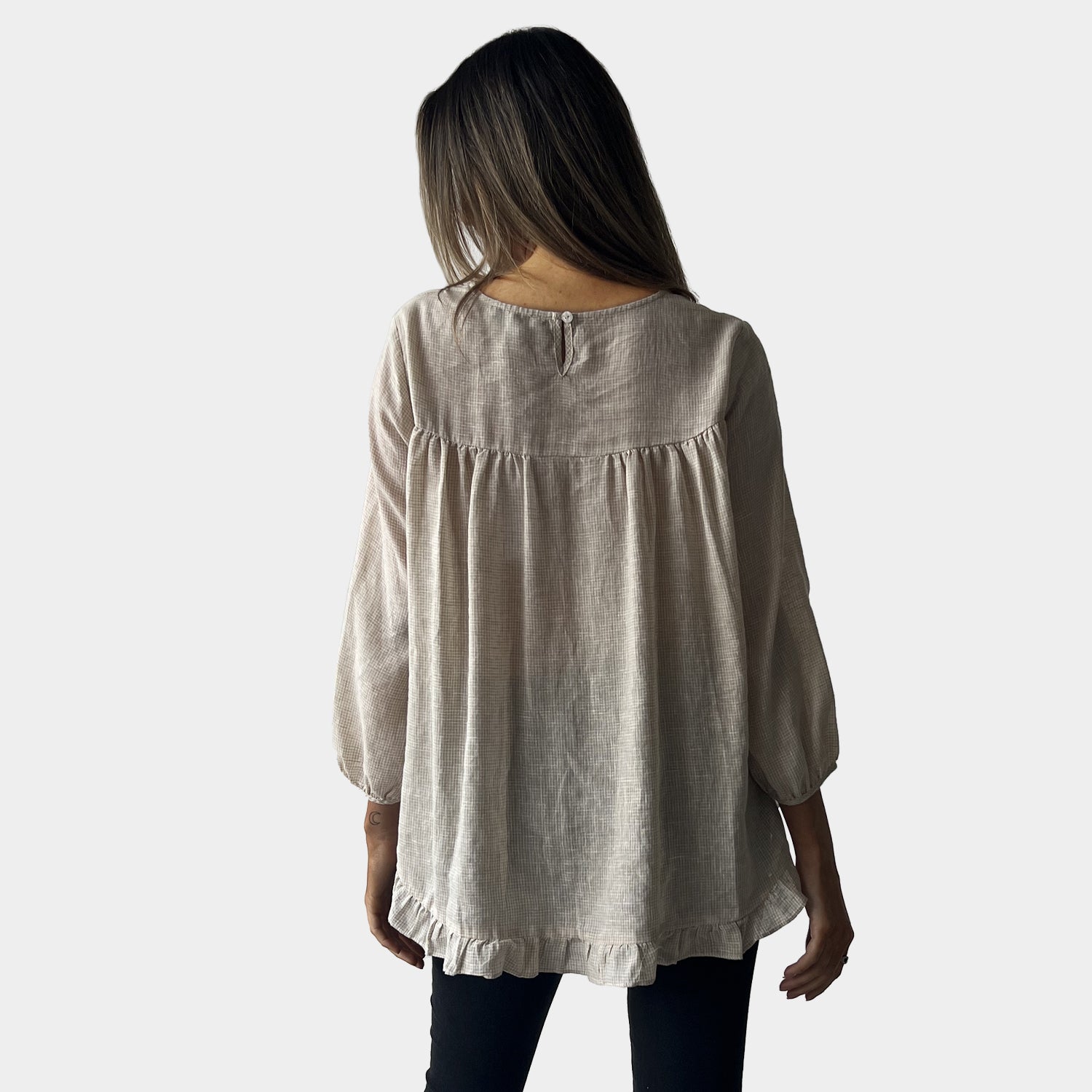 AM022156 SIDE POCKET GINGHAM 100%LINEN TOP