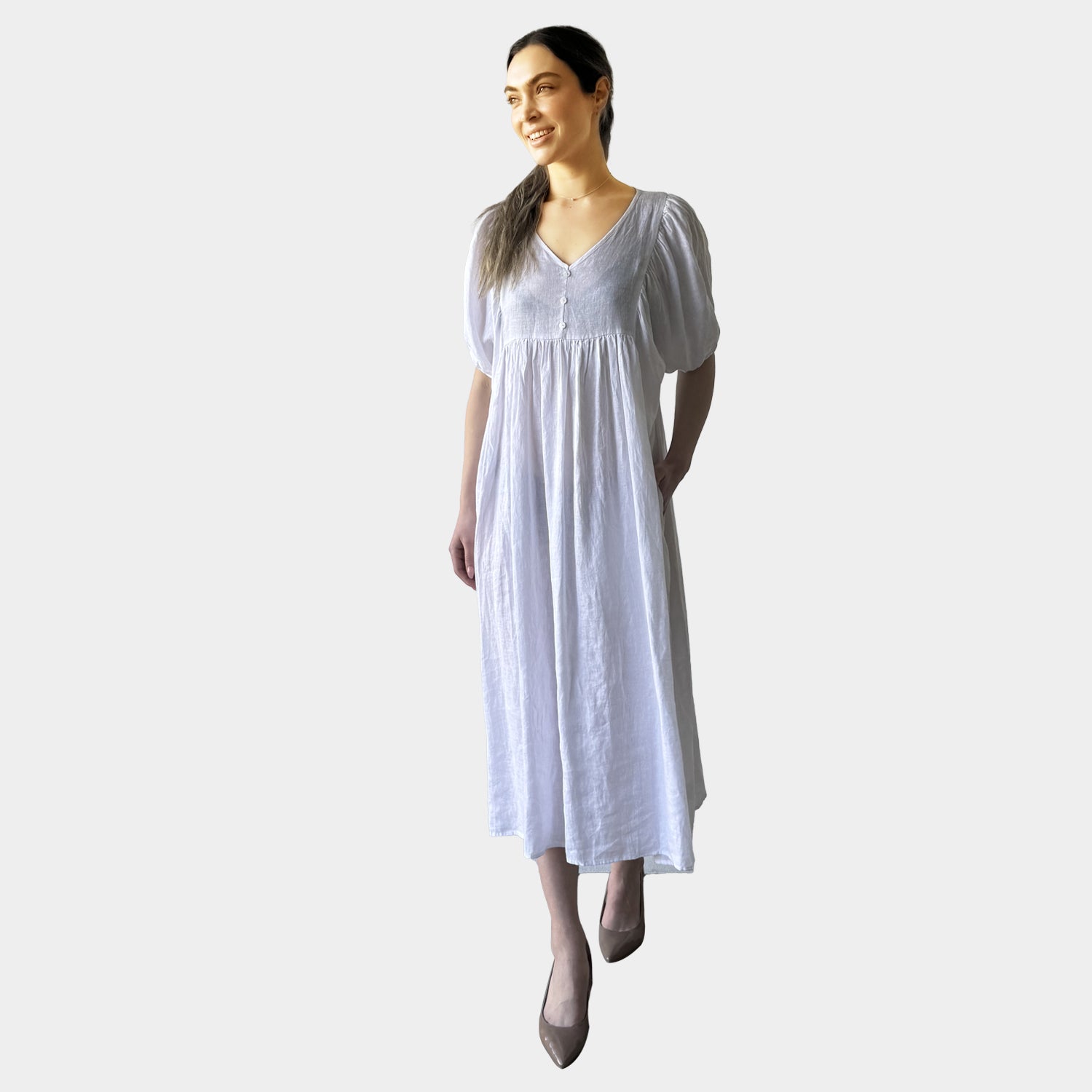 AM0221 SIDE POCKET  V NECK 100%LINEN DRESS