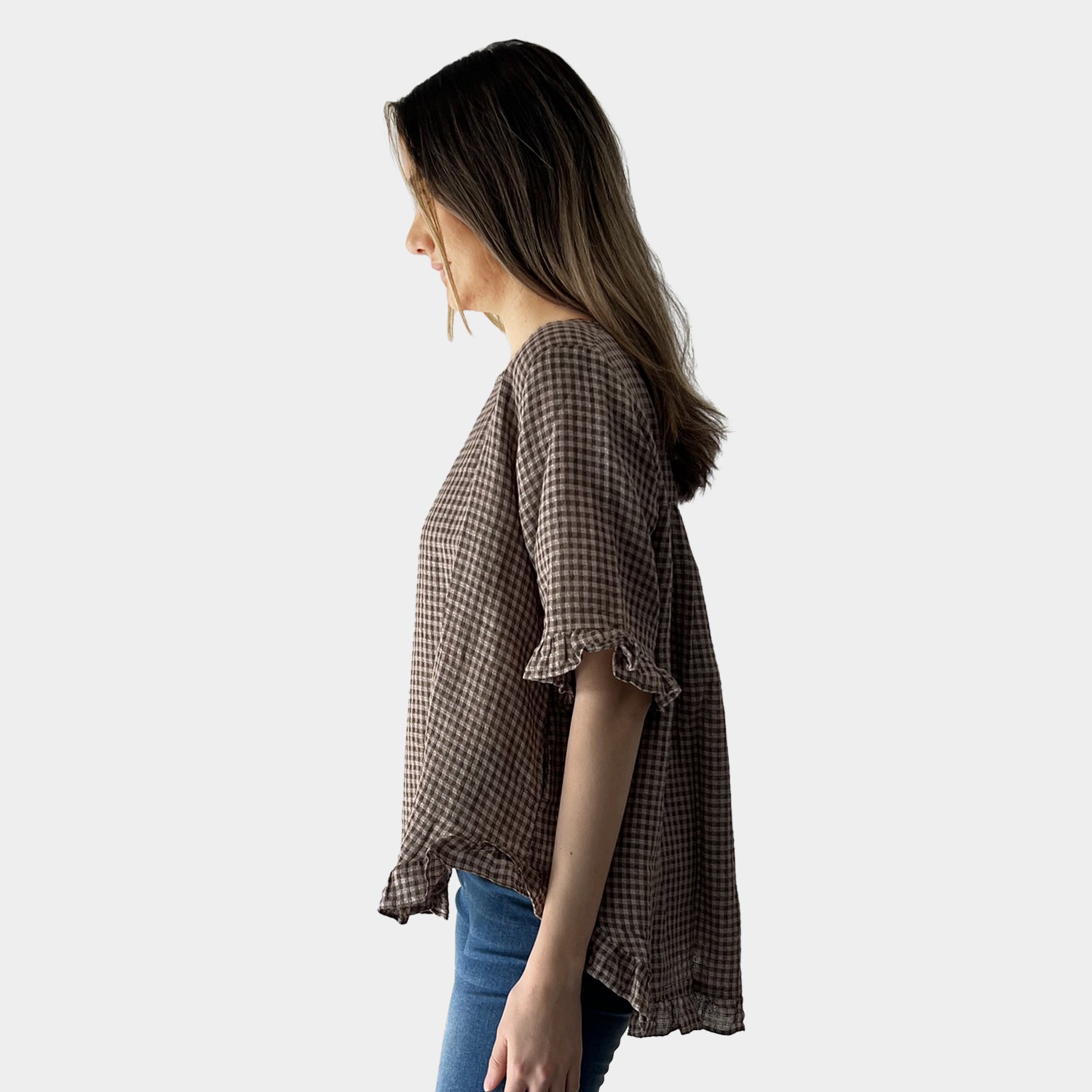 AM02497-1 100%LINEN GINGHAM TOP